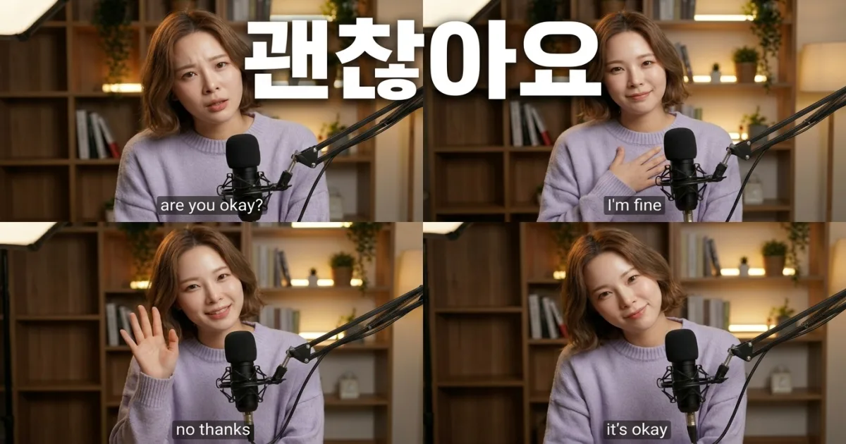 괜찮아요 — Korean phrase that means it's okay, I'm fine, no thanks, and are you okay depending on context