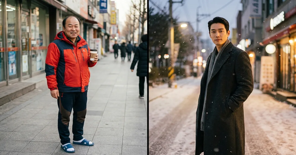 The two types of ajeossi — a regular geunyang ajeossi in a hiking jacket vs a handsome jalsaenggin ajeossi in a coat