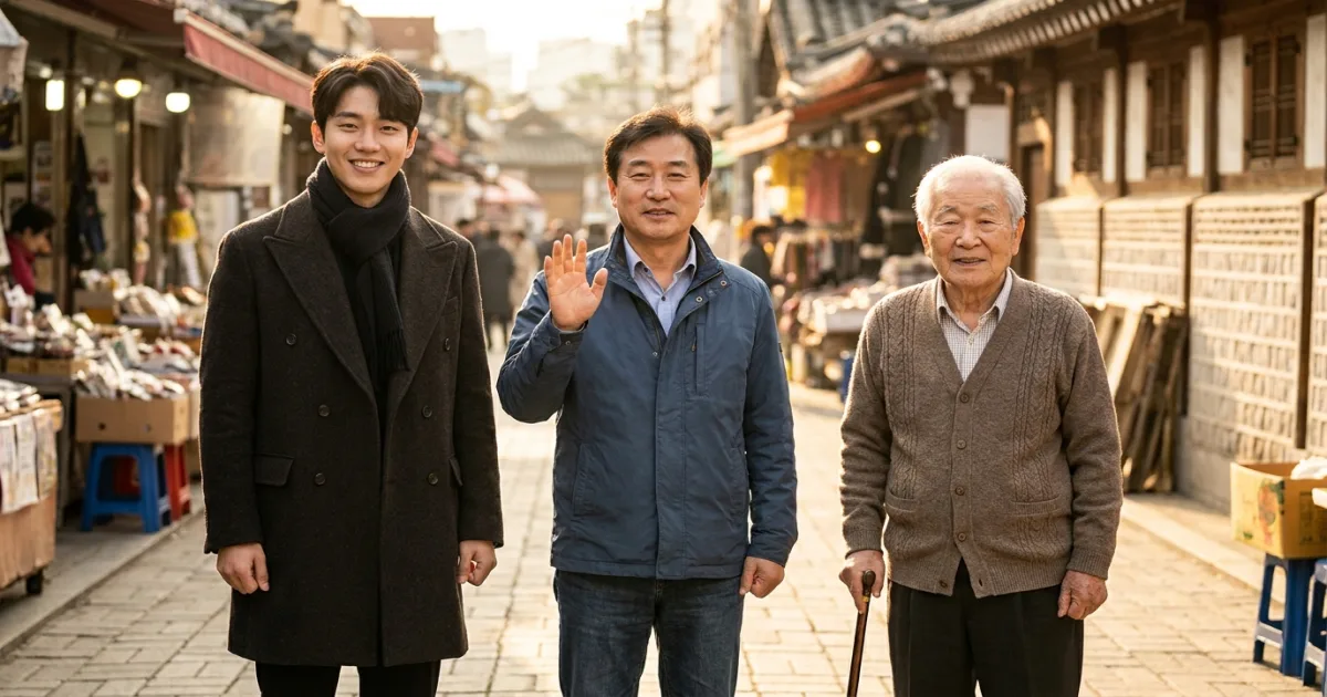 Korean words for men by age — oppa for a young man, ajeossi for a middle-aged man, harabeoji for an elderly man