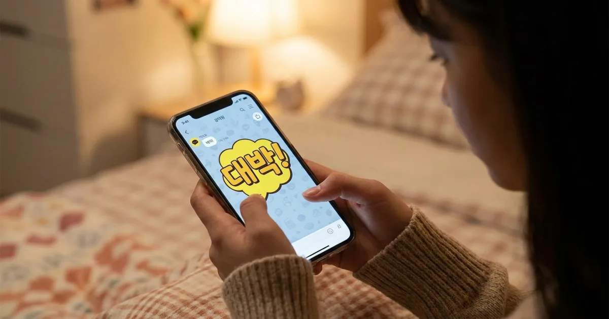A young Korean woman's hands holding a smartphone in a warm bedroom, a KakaoTalk chat bubble on screen showing '대박!' in large yellow comic-style text
