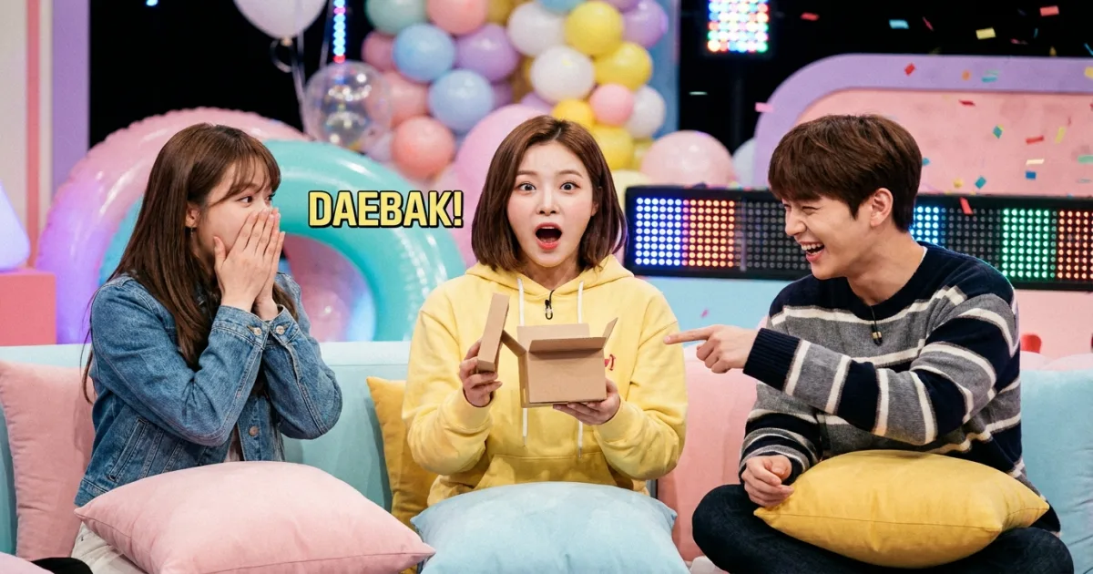 Three K-pop idols on a colorful pastel variety show set; the middle idol opens a small box and reacts with wide-eyed 'daebak' shock, while the two flanking idols cover their mouths and point in surprise
