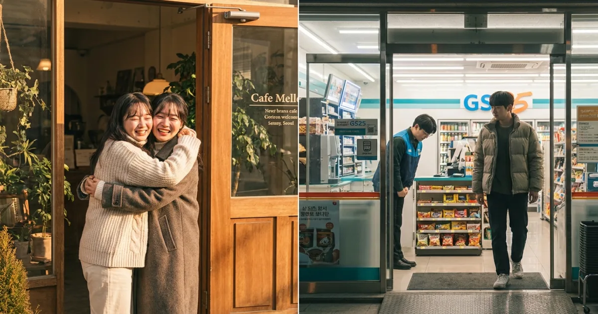 When to say eotteoke jinaeseyo — two friends reuniting at a cafe versus a customer entering a convenience store
