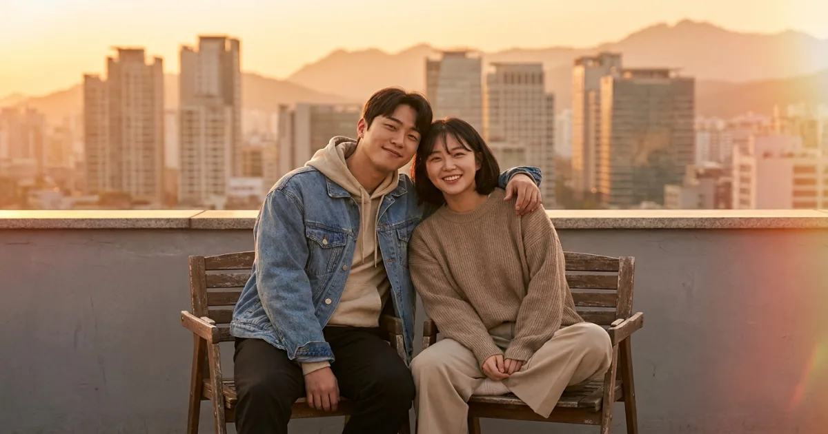 Two young Korean adults sitting close together on a Seoul rooftop at golden hour, the male with his arm around the female friend's shoulders, modern best-friends aesthetic with city skyline behind them