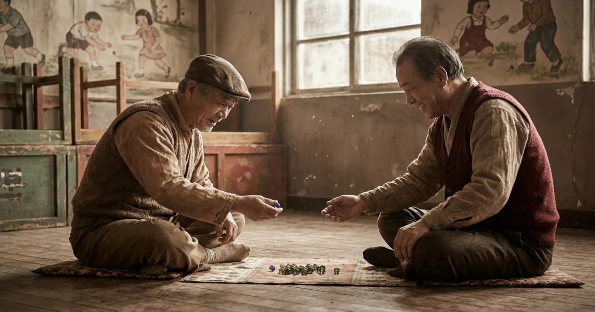 Two elderly Korean men sitting cross-legged on a wooden floor in a 1960s-era Korean playground, smiling and gently rolling glass marbles between them — the original 깐부 children's marble-game culture that gave the word its meaning