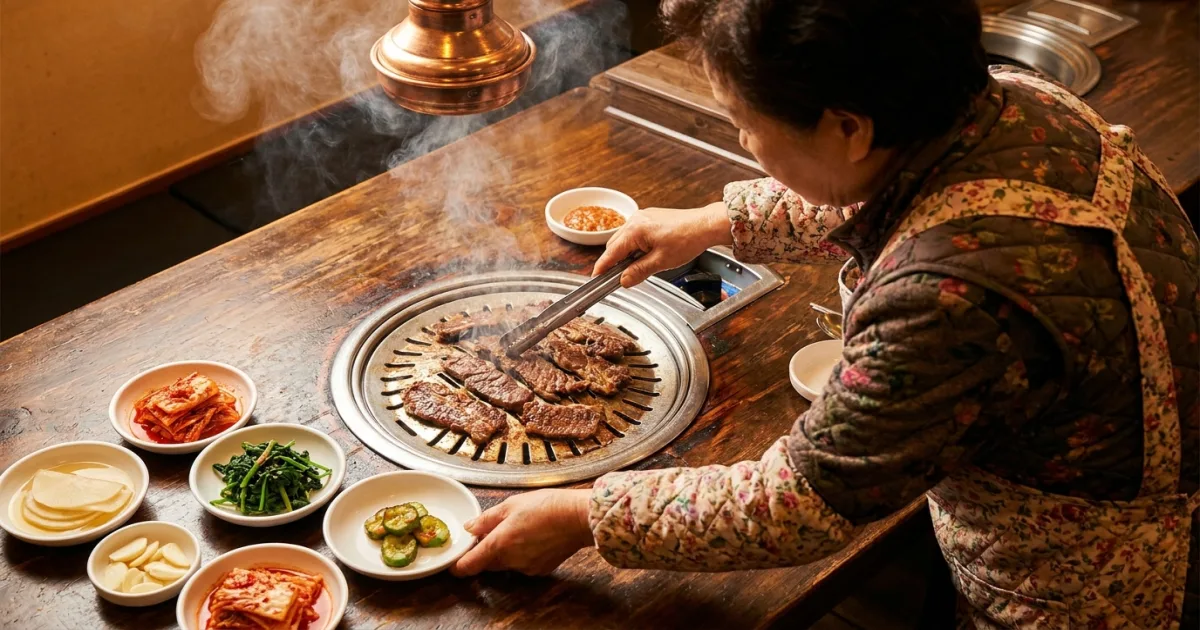 A Korean ajumma in a floral apron grilling galbi at a BBQ restaurant table, side dishes around the grill — a quiet act of jeong