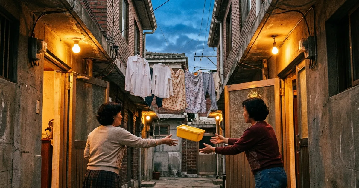 Two Korean neighbors passing a yellow plastic kimchi container hand-to-hand across a 1980s residential alley at dusk, hanging laundry overhead — the Reply 1988 aesthetic of jeong in everyday life
