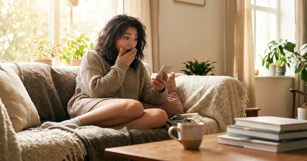 A young woman gasping at her phone — the 진짜 (jinjja) really reaction moment