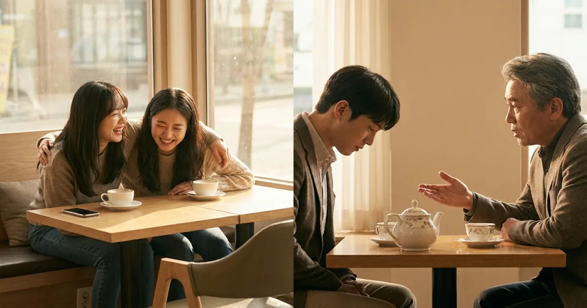 Casual vs polite Korean register — friends laughing (진짜) versus speaking politely to an elder (정말요)