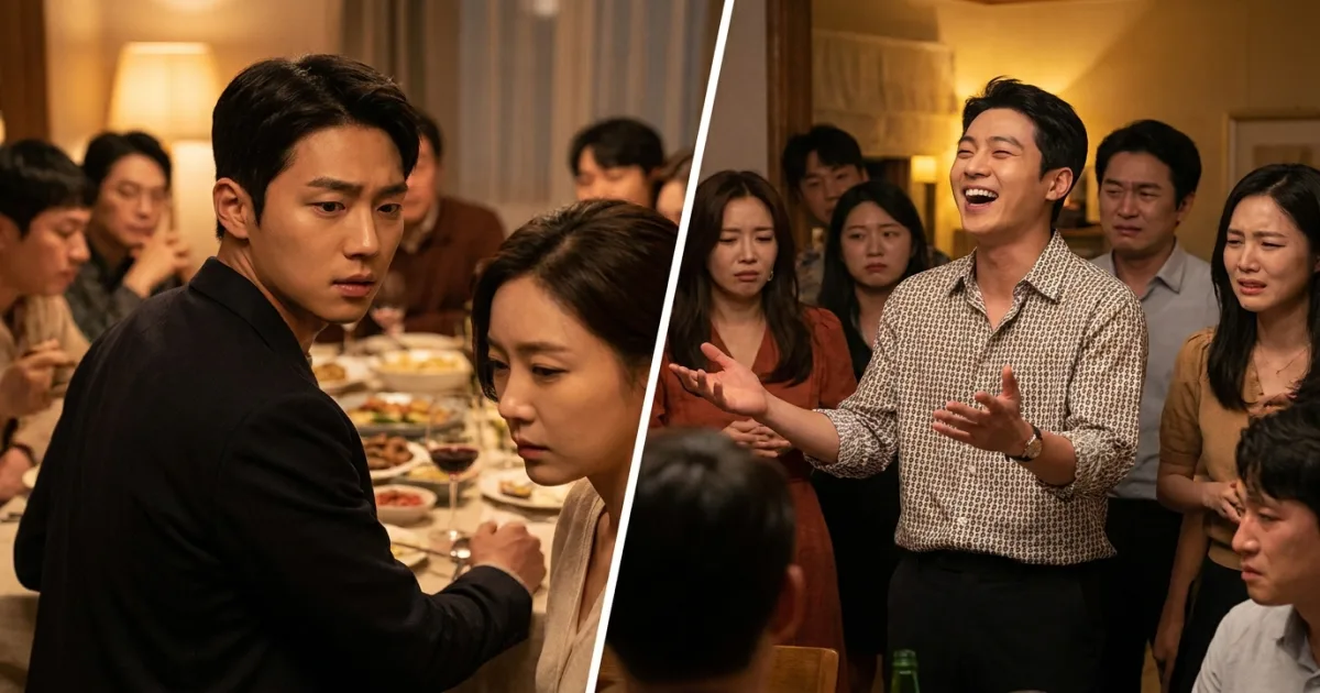 Split-frame contrast: on the left a perceptive man notices a friend is upset and turns to her with concern (nunchi ppareuda); on the right an oblivious man laughs loudly while everyone around him looks uncomfortable (nunchi eopda)