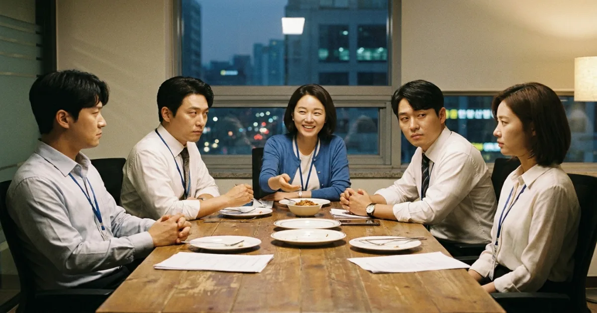 A Korean office dinner where the group has gone quiet and several people exchange uneasy glances while one person keeps smiling obliviously — the moment that calls for nunchi, reading the room