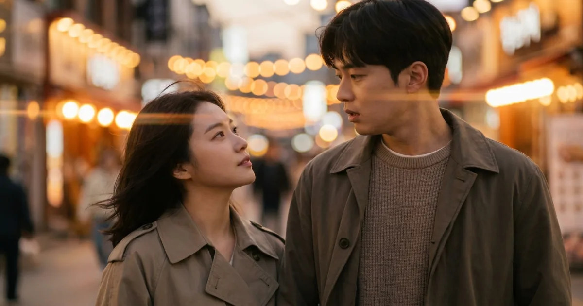 A K-drama style scene at golden hour on a Seoul street: a young Korean woman looking up at a man with quiet longing, his expression soft and surprised, warm bokeh streetlights behind them — the exact moment a female lead first calls a male lead 'oppa'