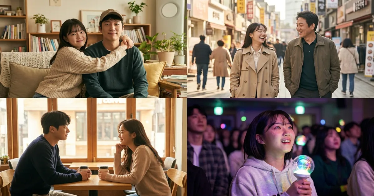 Four scenes where a Korean woman might call someone 'oppa': a sister hugging her brother at home, a younger woman laughing with an older male friend on a Seoul street, a couple smiling at a cafe, and a young female fan with a lightstick at a concert