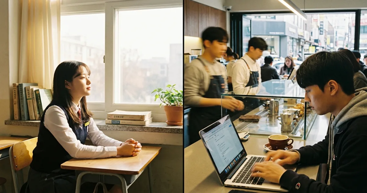 Two scenes: a student sitting calmly at a classroom desk (being there — 에), and a person actively typing on a laptop at a busy Seoul cafe (action happening there — 에서)