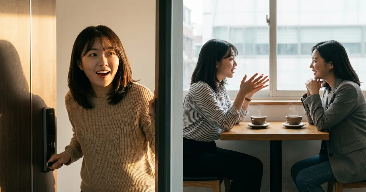 Two scenes: a woman opening her front door surprised (specific subject — 이/가), and two friends comparing food preferences at a cafe (topic with contrast — 은/는)